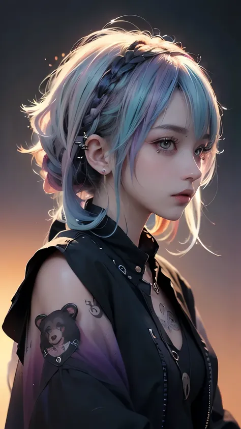 (Punk Girl:1.4), Mallet Hairstyles, Beautiful symmetrical eyes, (Colorful gradient hair:1.5), (Intricate details:1.2), (Very detailed face and eyes:1.2), No makeup, (Bear:1.1), Midnight Aura, Urban, sit and take a photo, Side view, Full body photo, (Delica...