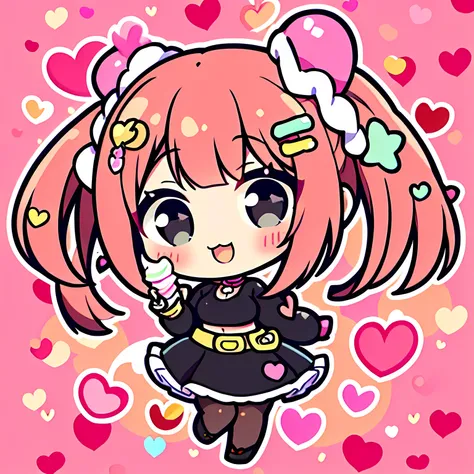 ((chibi)), heart, tooth, skirt, pink backgrounis, smile, black skirt, sleeves are longer than the wrist, blush, view your viewer...