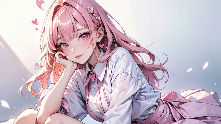 high resolution,smile,woman,woman1人,adult,Clear,cute,Put your hand on your cheek,
blunt bangs,Pink Hair,wavy hair,long hair,BREAK,
Pink eyes,BREAK,
White blouse,BREAK,Pink checkered pleated skirt,BREAK,
Heart Hairpin,Ring of Hearts,Sparklingのピアス,BREAK,
Fac...