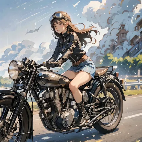 (a young female rider speeds along on a motorcycle)、(leaning forward:1.2)、vintage bikes、bluff superior ss100、isle of man races、l...