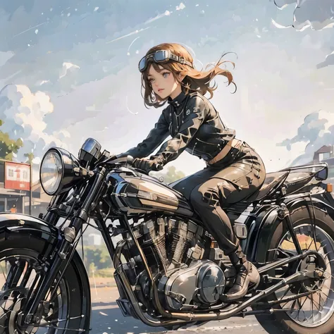 (a young female rider speeds along on a motorcycle)、(leaning forward:1.2)、vintage bikes、bluff superior ss100、isle of man races、l...