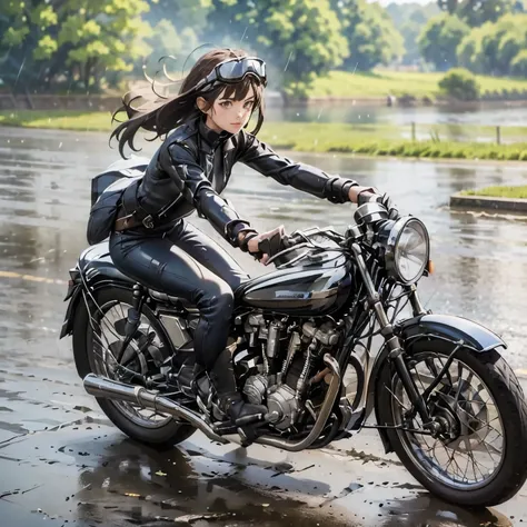 (a young female rider speeds along on a motorcycle)、(leaning forward:1.2)、vintage bikes、bluff superior ss100、isle of man races、l...