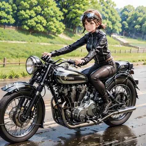 (a young female rider speeds along on a motorcycle)、(leaning forward:1.2)、vintage bikes、bluff superior ss100、isle of man races、l...