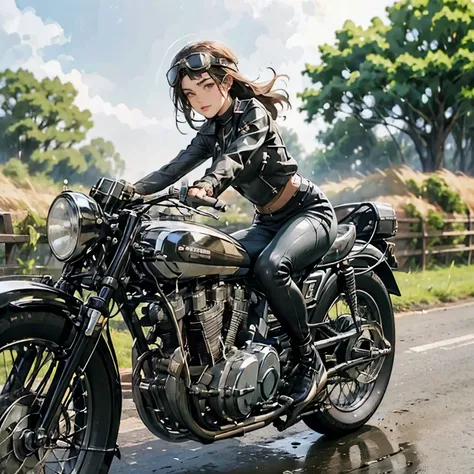 (a young female rider speeds along on a motorcycle)、(cornering:1.2)、vintage bikes、bluff superior ss100、isle of man races、leather...