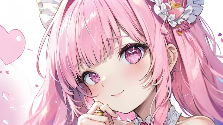 high resolution,smile,woman,woman1人,adult,Clear,cute,Put your hand on your cheek,((Close-up Face)), blunt bangs,Pink Hair,wavy hair,long hair,BREAK, ((Beautiful detailed shining pink eyes:1.2)) Pink eyes,BREAK, White blouse,BREAK, Heart Hairpin,Ring of Hea...