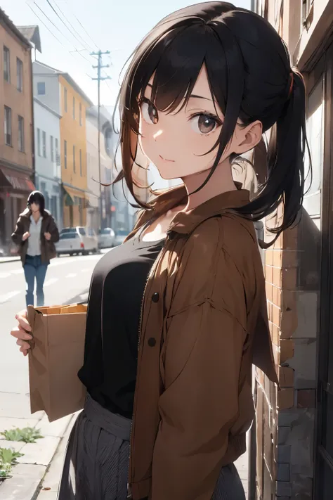 "A captivating black-haired woman, Wearing a stylish brown jacket over a crisp white shirt, Radiating beauty and captivating charm."Courier delivery man