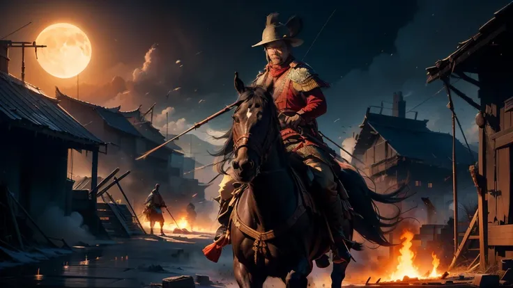 (best quality,4k,highres,masterpiece:1.2),ultra-detailed,realistic:1.37,portrait,night scene,beautiful detailed face,a soldier riding a horse,holding a bow and arrow,ready to shoot enemies,close-up view,campfire,spear,blade,weapons,banner,horse,a burning c...