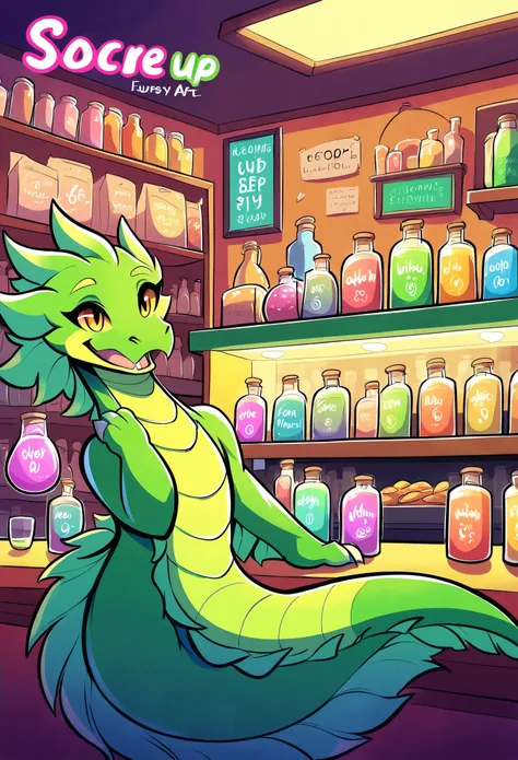 rating_safe, score_9, score_8_up, score_7_up, score_6_up, score_5_up, score_4_up, hires, source_furry, cover_page(furry art, uploaded on e621)massive green dragon, welcoming smile, the counter in a shop, full of glowing potions, dynamic angle,