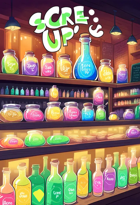 rating_safe, score_9, score_8_up, score_7_up, score_6_up, score_5_up, score_4_up, hires, source_furry, cover_page(furry art, uploaded on e621)massive green dragon, welcoming smile, the counter in a shop, full of glowing potions, dynamic angle,