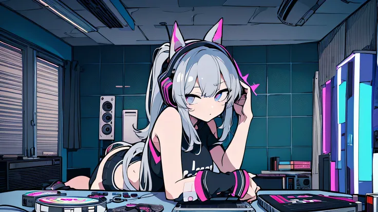 Best quality, (masterpiece), best detail face,1 girl, natural breasts, 18 yo, 8k,absurdres,unity 8k wall paper,(extremely detailed:1.3), highest realistic, (retro headphones:), (soft neon light:), (psychedelic), Her room full of music equipment and records...