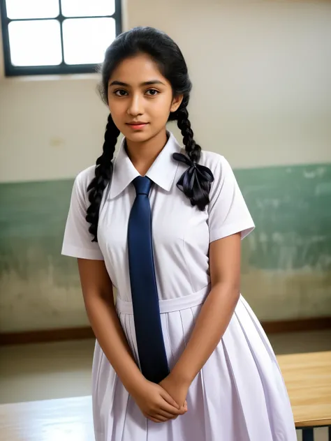 a beautiful cute little school girl in srilanka, detailed white frock, standing in a classroom, cinematic lighting, hyperrealist...