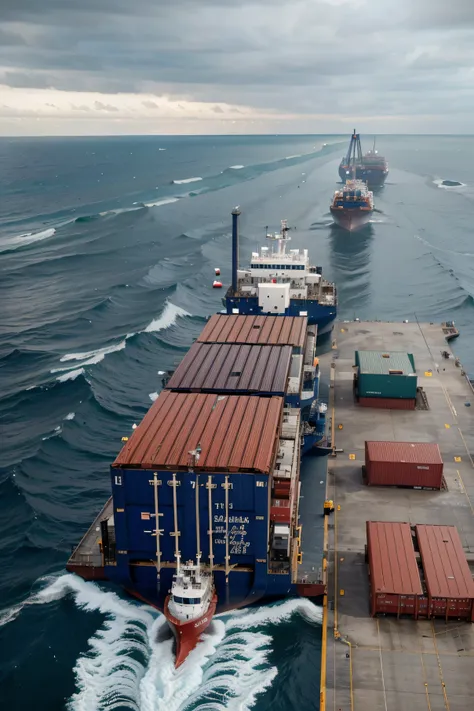 hard workers at the port, loading and unloading containers with a gantry crane, high sea waves, pier, wear personal protective equipment, container ship, 4k, realistic, strong wind