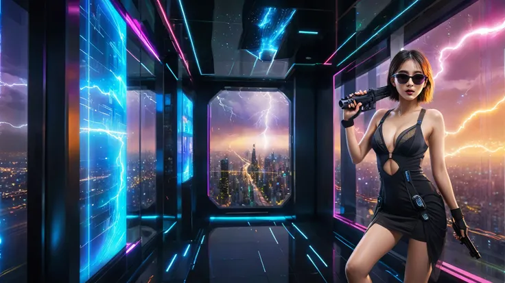 Futuristic cityscapes with colorful all-glass towering skyscrapers, flying vehicle, (futuristic sparkling teleporter with lightning). High-resolution OLED GUI interfaces in the building, The windows are filled with transparent data visualization infographi...