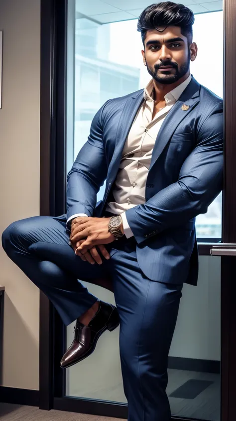 indian gurjar arjun gay man in business suit, standing in office with spread legs