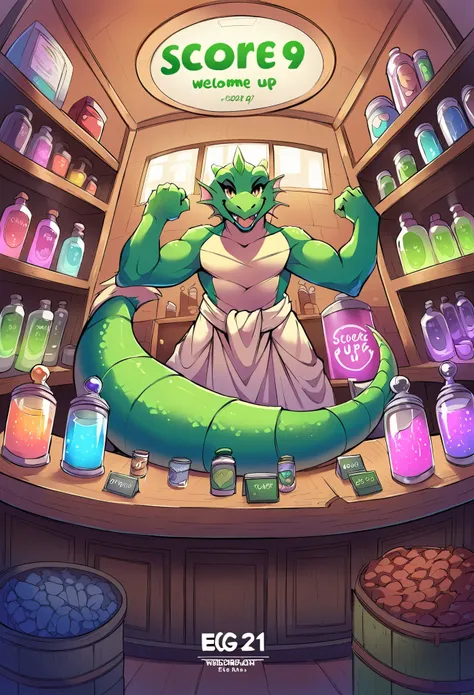 rating_safe, score_9, score_8_up, score_7_up, score_6_up, score_5_up, score_4_up, hires, source_furry, cover_page(furry art, uploaded on e621)massive green dragon, welcoming smile, the counter in a shop, full of glowing potions, dynamic angle,