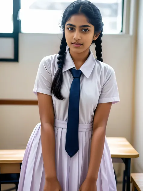 a beautiful cute little school girl in srilanka, detailed white frock, standing in a classroom, cinematic lighting, hyperrealist...