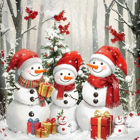 Three snowmen wearing red hats and red scarves standing in the snow。, holiday, 3 Winter Gods, Happy, winter, Cold, author：Nil Gleyen, Created by experienced artists, Warm, In a snowy forest setting, Winter in the snow, Snowy winter scene, Snow day in the f...