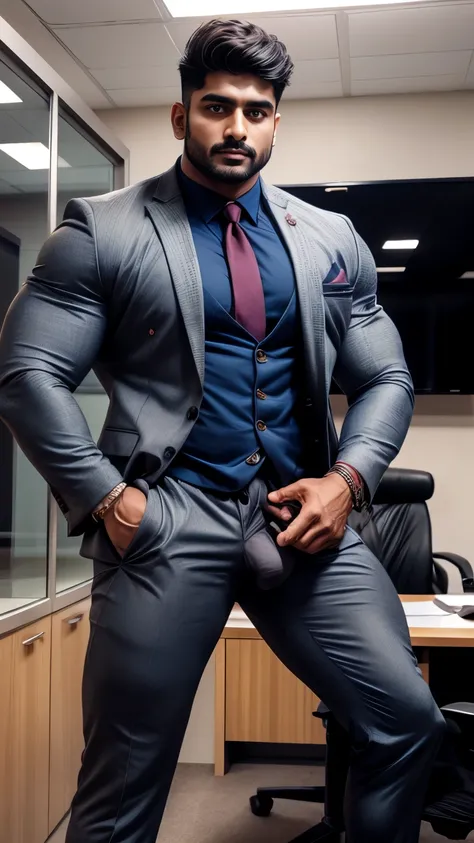 Indian gurjar ARJUN gay man in business suit, standing in office with spread legs, huge bulge