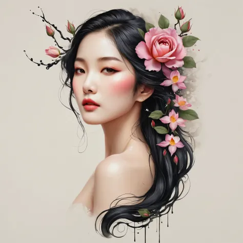 modern minimalist art，（close-up of chinese woman with rose tattoo on neck）,this woman has a beautiful and delicate face with lon...