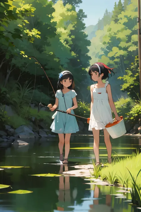 masterpiece, Highest quality,plural, Three Girls, In a beautiful river、Fish hanging、(Holding a fishing rod:1.2)、(Holding a bucket)、Water Play、Sandals, Black Hair, short hair、Long Hair, Hair ties, hair band, hair ornaments, Shorts, skirt,, dappled daylight、...