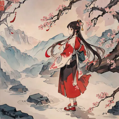 Chinese style, red and white color scheme, ink painting of characters with flowing long hair standing under the tree surrounded by ancient Chinese calligraphy forming an abstract pattern of mountains, rivers and cherry blossoms. Red sun at the top center o...