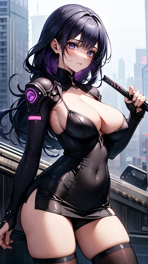 （Very delicate and beautiful：1.2）super model,,Beautiful breasts,voluptuous,【bike shorts】,,Highest quality, High resolution, 8k,mini skirt.cyber punk.Mechanical Sword