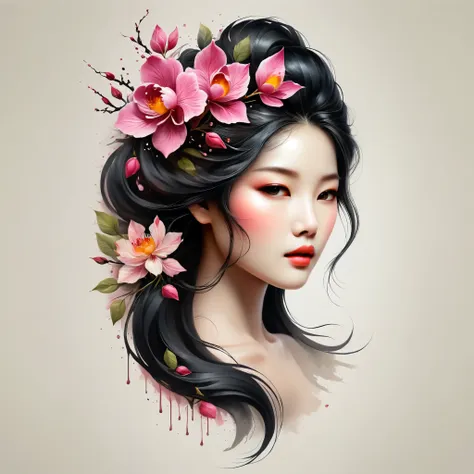 modern minimalist art，（close-up of chinese woman with rose tattoo on neck）,this woman has a beautiful and delicate face with lon...