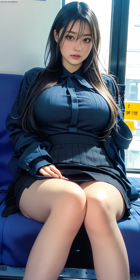 (((Sit well))), Beautiful Japanese woman sitting on a train seat, Taken from the opposite seat, Knee height seat, View Photographer, Tall Woman, One Woman, whole body, (Contemptuous look), skirt, High heels, Wearing pantyhose, ((Highest quality)), ((Intric...