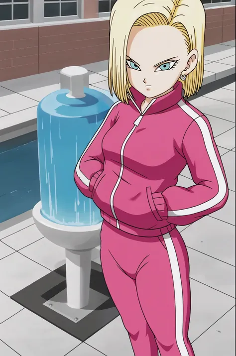 fountain_cheered up, score_9, score_8_above, score_7_above, cheered up screencap,
detailed face, Android 18, saboveertop, 1 girl, Alone, looking at the viewer, short hair, blue eyes, by rubio, small breasts, clavicle, hoop earrings, city, Street, collar ab...