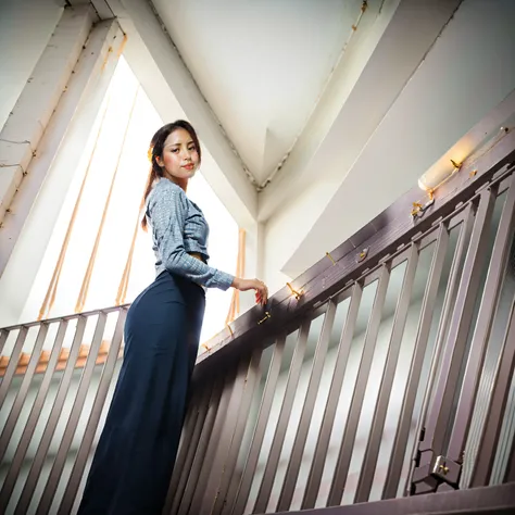 Burmese beautiful woman, 1 girl, solo, pretty lady MoonLay, innocent cute smile, cute and pretty face, red lips, (stylishly standing and leaning against the balcony wall:1.5), (seductively gazing up to the sky:1.5), (night:1.5), smooth face skin, tradition...