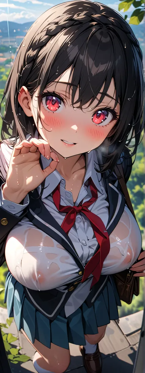 , (beautiful girl: 1.3),1girl,masterpiece, Highest quality, Ultra-high resolution,rich contrast,super high quality,8k,Highly detailed CG unit wallpaper,texture,Incredibly absurd,Ultra-high resolution,RAW Photos,Depth of Field 1.2,overlooking,(magnificent panorama view:1.3),(High School Uniform&Pleated skirt:1.5),Black Hair,Crown braid,Ultra-detailed eyes,(sensuous),Glowing Skin,loafers,leaves dripping with rain,sunlight through trees,post-rain aroma,Her jacket is open and her breasts are exposed,blush,Sigh,look up,(((Wet))),((Large Breasts)),After the Rain,pencil drawing