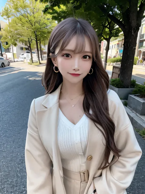 masterpiece, Highest quality, High resolution,alone,Brown Hair, Small earrings,Long Hair, outside,artistic,An illustration,Line art,Aqua Eye,morning,Best lighting,sun,casual,Large Breasts,watercolor,Beautiful Face,expensive,sexy,Woman wearing a jacket,いたずら...