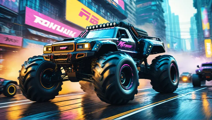 6-wheeled monster truck, races through a cyberpunk city, realistic style, cyberpunk, motion blur, focus on the monster truck