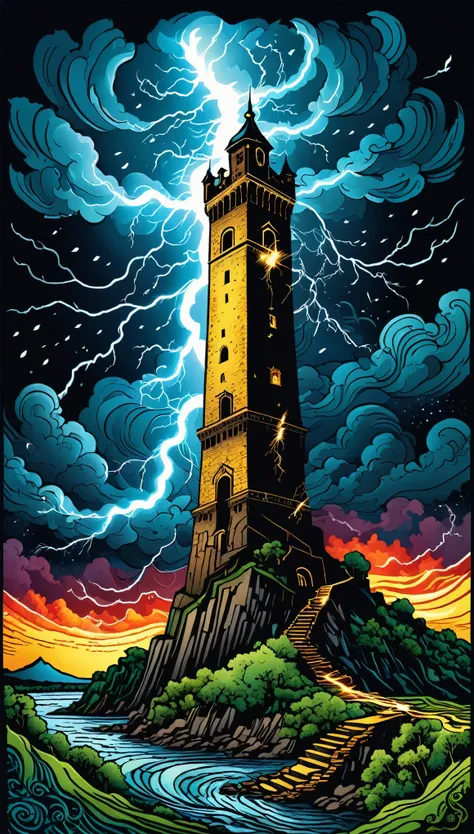 tarot cards:tower:An illustration,((lightning strike)),Tower destroyed by lightning,Adobe Illustrator,draw with thick lines,rich colors,mysterious,,masterpiece,The highest masterpiece,Light and shadow,draw carefully,calm colors,fantasy,Dark Fantasy,renderi...