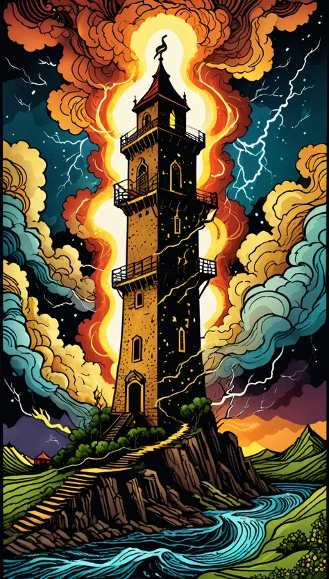 tarot cards:tower:An illustration,((lightning strike)),Tower destroyed by lightning,Adobe Illustrator,draw with thick lines,rich colors,mysterious,,masterpiece,The highest masterpiece,Light and shadow,draw carefully,calm colors,fantasy,Dark Fantasy,renderi...