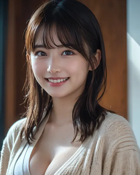 (8k, RAW Photos,Highest quality, High resolution:1.1), (Ultra-realistic:1.4),(Realistic, Realistic:1.3),((smile:1.3))、(cleavage-enhancing:1.2),(face forcus:1.5)、Knitted cardigans
