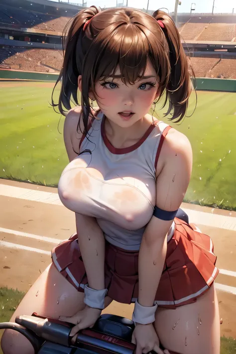 (((round face))), drooping eyes, sweat, shame, cheerleader, ecstasy face, (((lewd girl))), ((standing and straddling to hit her pubic hair against a vibrating grass trimmer handle, masturbating with complete concentration, hentai-girl)), (in the baseball s...