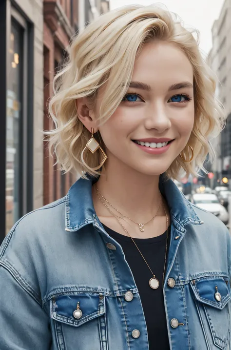 Pure white beauty、Blonde、short hair、Wavy Hair、blue eyes、smile、Denim jacket、shirt、View your audience, Earrings, necklace, _background,City streets
