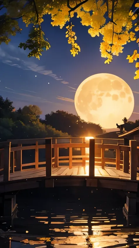 Mid-Autumn Festival，A full moon rises above the lake，There is a wooden bridge on the lake