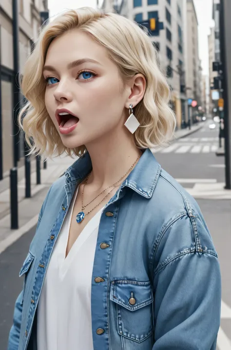 pure white beauty、neat and clean caucasian woman、blonde hair、short hair、blue eyes、wavy hair、、denim jacket、shirt、open your mouth ...