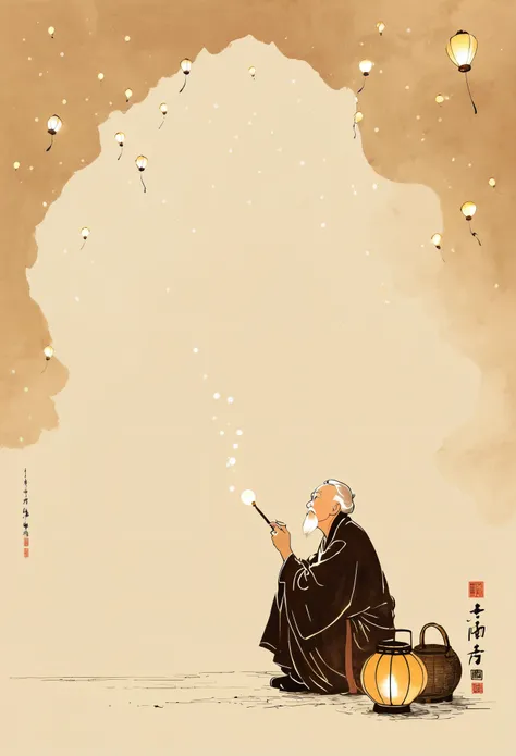 中国水墨画sketch：Light Ink，Lowercase，sketch，artistic conception， old man looking up at the sky，Wishing light，Paper lights，Kongming Lantern，Minimalism，(((Negative Space,Bottom left composition)))