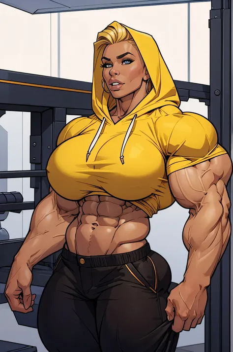 coloured sketch, beautiful woman, blonde stylish haircut, wearing hoodie, long baggy pants, strong well defined muscle, bulky powerful bodybuilder physique, massive muscular arms, perfect and flawless musculature, great muscle definition, perfect muscular ...