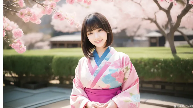 Pink base, smile, (１people), yukata, Neatly trimmed bangs、Straight and voluminous bangs、Short bangs, 最high quality、high quality、Best image quality、8k、最High resolution、High resolution、temple, Realistic photos, Healthy body, Beautiful Eyes, Flowing black hai...