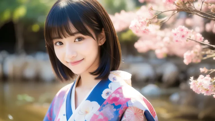 (色鮮やかなyukata), smile, (１people), (dont split the screen), yukata, Neatly trimmed bangs、Straight and voluminous bangs、Short bangs, 最high quality、high quality、Best image quality、8k、最High resolution、High resolution、temple, Realistic photos, Healthy body, Beau...
