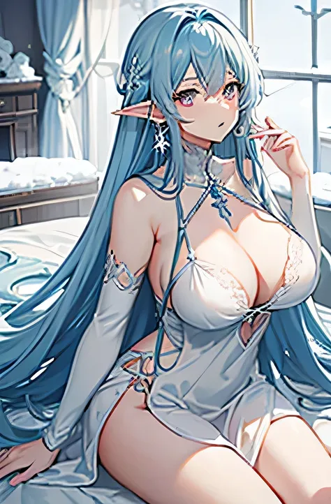 Anime, woman, long hair, pale blue hair, pink eyes, gently, earrings, big boob, wearing a long nightgown, beautiful, elegant, pure, fantasy, ice, snowflake, snow land, cool, noble, elf, crystal, stay in thorn room,