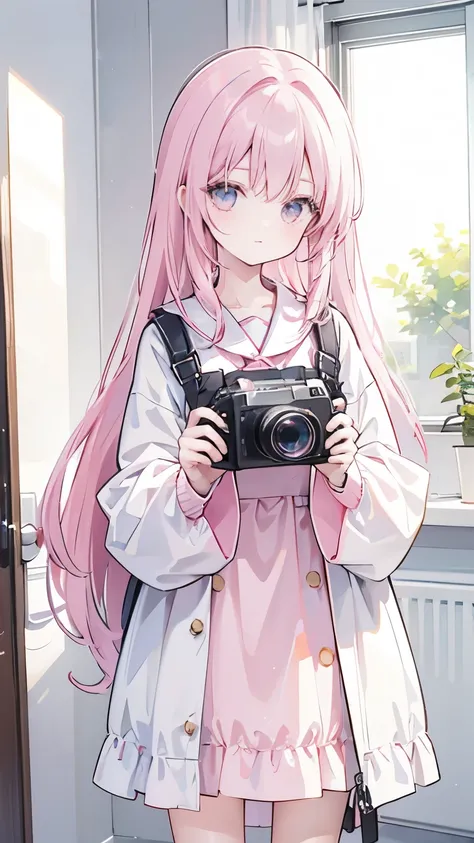 Close-up of a person holding a camera in a room、whole body、Standing posture、Hair Pink