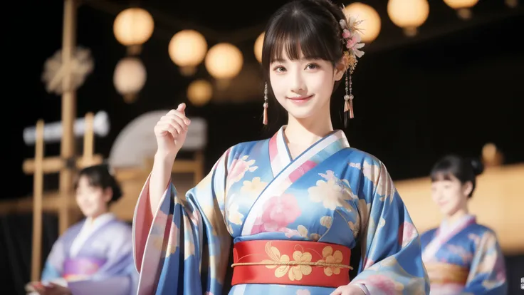 (Dance), (Japanese Dance), (色鮮やかなkimono), smile, (１people), (dont split the screen), kimono, (stage),(Black Curtain), Neatly trimmed bangs、Straight and voluminous bangs、Short bangs, 最high quality、high quality、Best image quality、8k、最High resolution、High res...