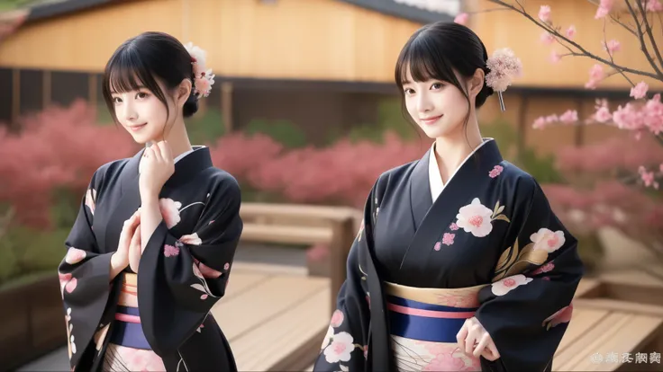 (Dance), (Japanese Dance), (色鮮やかなkimono), smile, (１people), (dont split the screen), kimono, (stage),(Black Curtain), Neatly trimmed bangs、Straight and voluminous bangs、Short bangs, 最high quality、high quality、Best image quality、8k、最High resolution、High res...