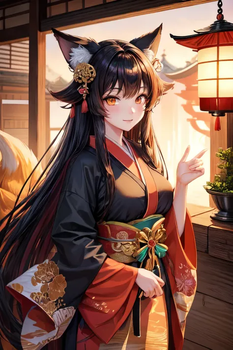 Create an anime-style character of a yoko (Fox) inspired by the Heian period. The character is a mystical fox spirit in the form of a beautiful woman, blending traditional Heian-era clothing with a supernatural twist. She has long, flowing black hair adorn...