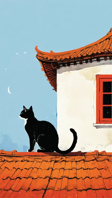 A painting,中国水墨画sketch:Light Ink,Lowercase,sketch,artistic conception,A cat on the roof,Minimalism,(((Negative Space,Bottom left composition)))